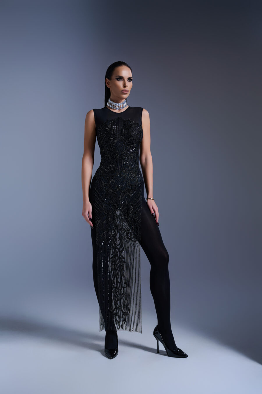 Midnight crystal bodysuit dress